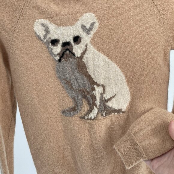 Philosophy Womens Cashmere Bulldog Sweater Camel Tan Graphic Cozy Luxe Winter - Picture 5 of 12